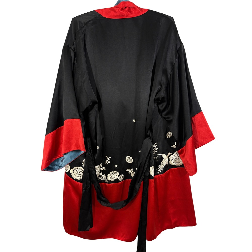 Natori Robe Black Red Blue Embroidered Phoenix Floral Satin Kimono V80940 Small - Picture 9 of 10